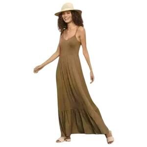 Evereve Brown Midi Dress – Size M – Smocked Back, Spaghetti Straps, Pockets